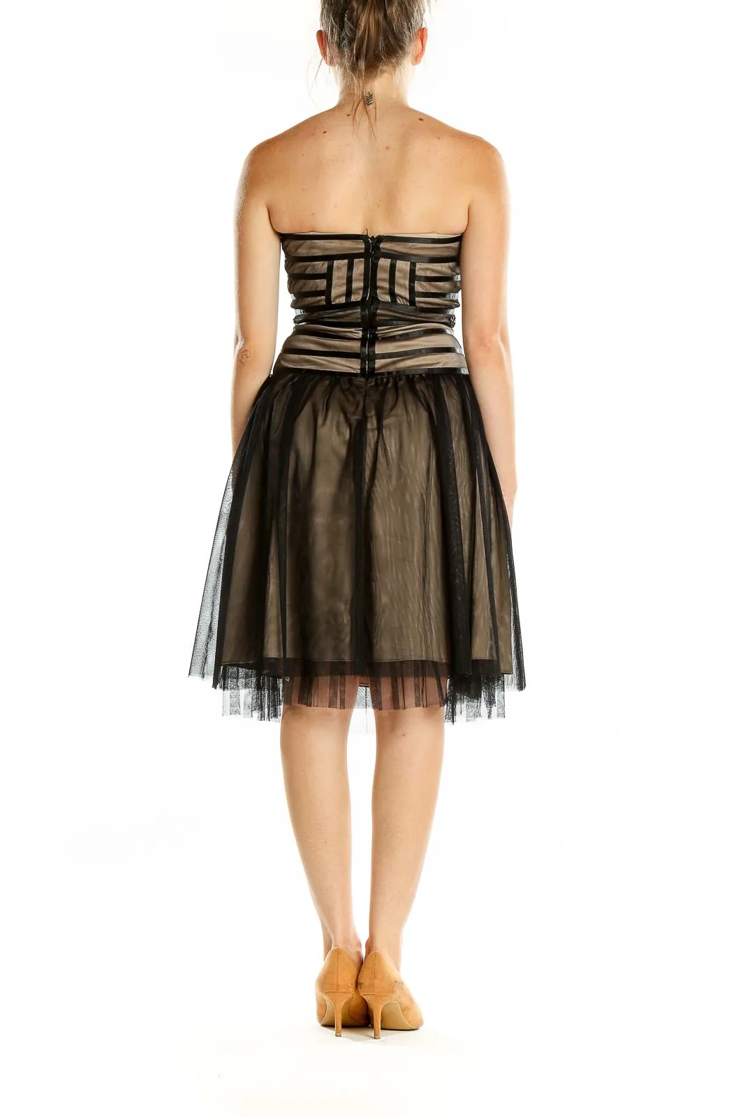 Black and Beige Strapless Tulle Cocktail Dress