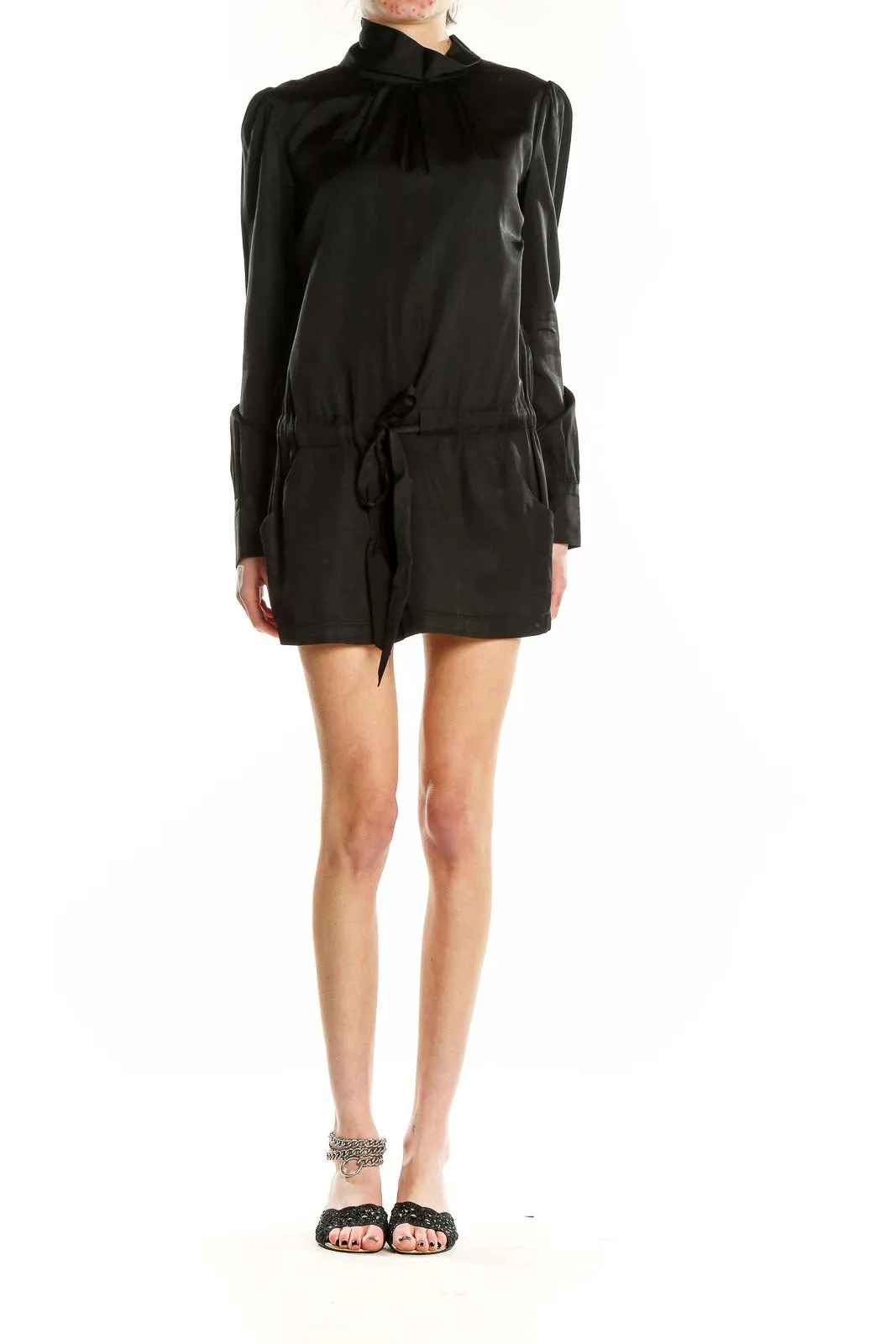Black Cotton-Silk Blend Turtleneck Mini Dress