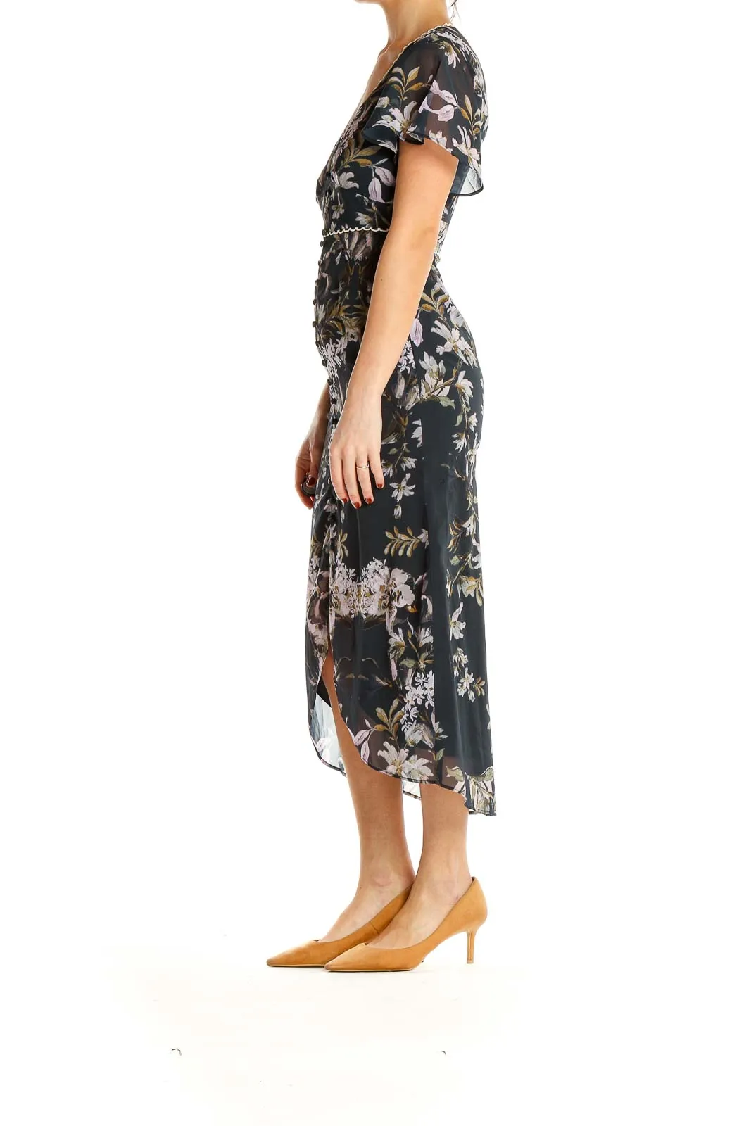Black Floral Chiffon Midi Dress