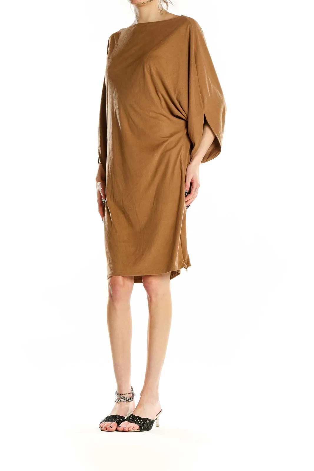 Camel Elegant Batwing Sleeve Midi Dress