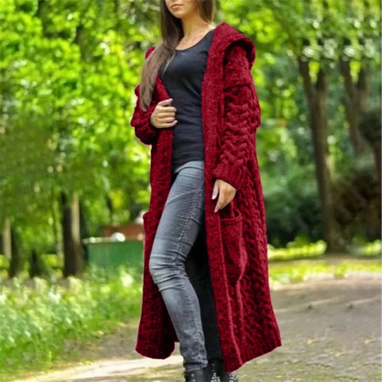 Corduroy Jacket Women Oversized Baggy Knit Sweater Tops Long Sleeve Hooded Cardigan Coat with Pockets