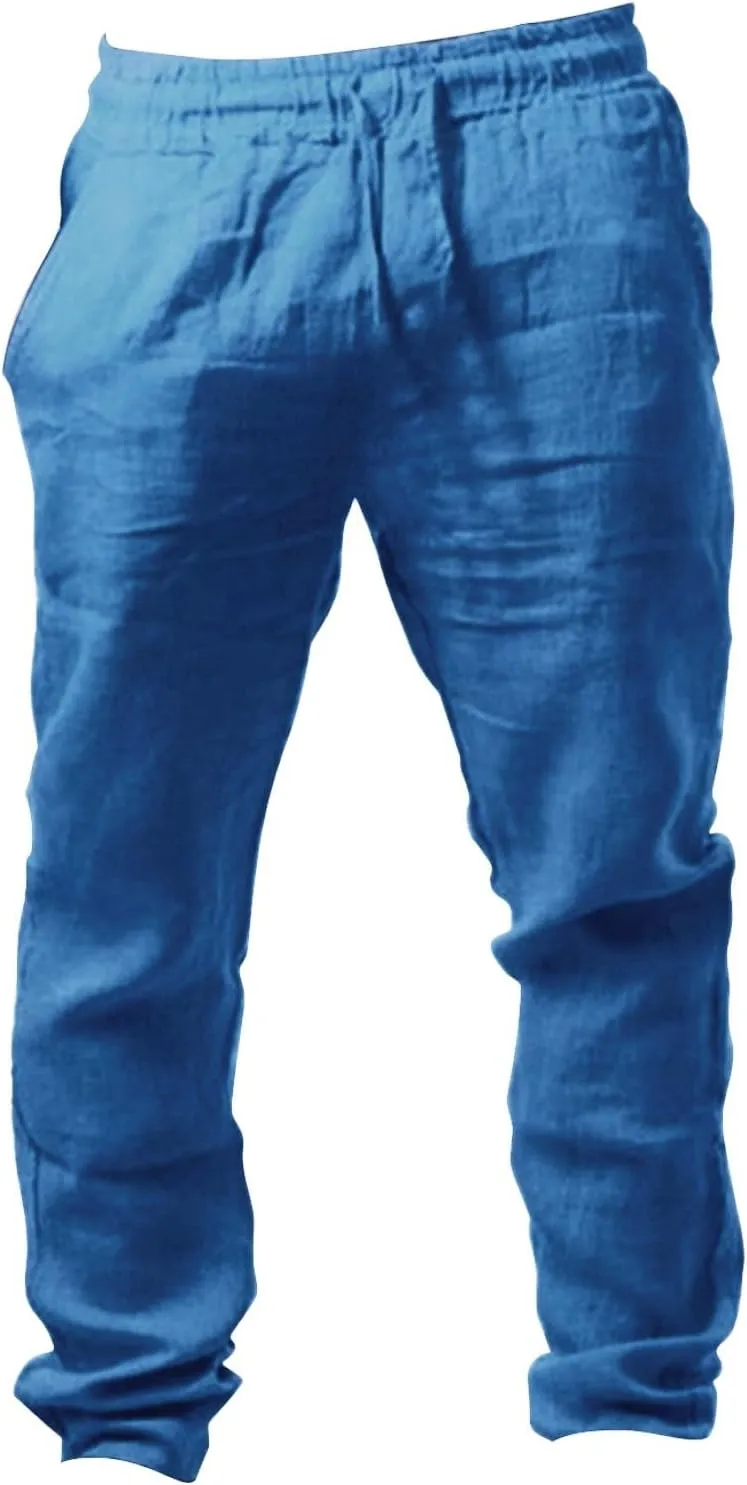 Cotton Linen Yoga Pants Men Casual Elastic Waist Summer Beach Pants Lightweight Breathable Yoga Vacation Trousers