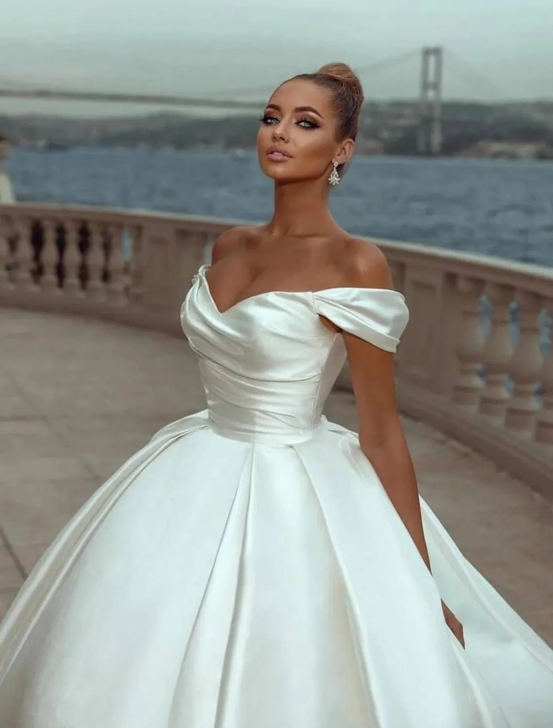 Engagement Formal Wedding Dresses Ball Gown Off Shoulder Cap Sleeve Court Train Satin Church Bridal Gowns With Ruched Solid Color Summer Fall Wedding Partyr Summer Fall Wedding Party