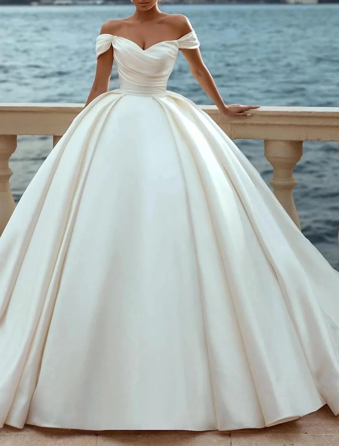 Engagement Formal Wedding Dresses Ball Gown Off Shoulder Cap Sleeve Court Train Satin Church Bridal Gowns With Ruched Solid Color Summer Fall Wedding Partyr Summer Fall Wedding Party