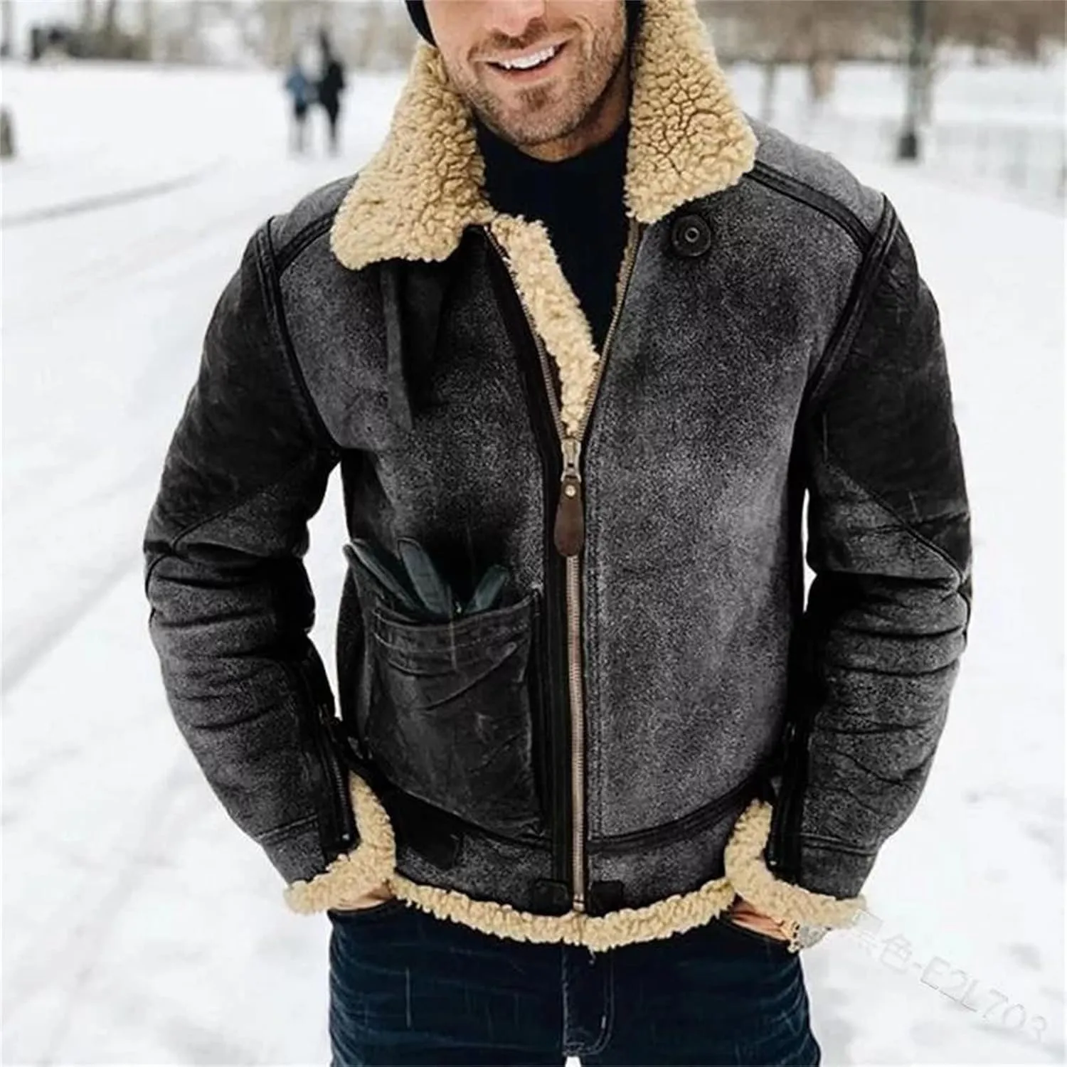Faux Fur Suede Leather Jacket for Men Sherpa Fleece Lined Zip Up Lapel Thickened Coat Outwear with Pocket