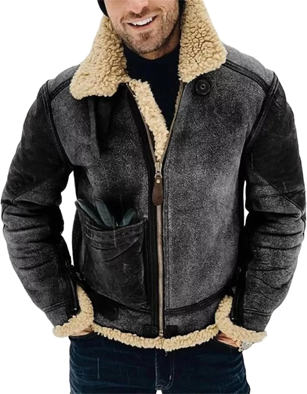 Faux Fur Suede Leather Jacket for Men Sherpa Fleece Lined Zip Up Lapel Thickened Coat Outwear with Pocket