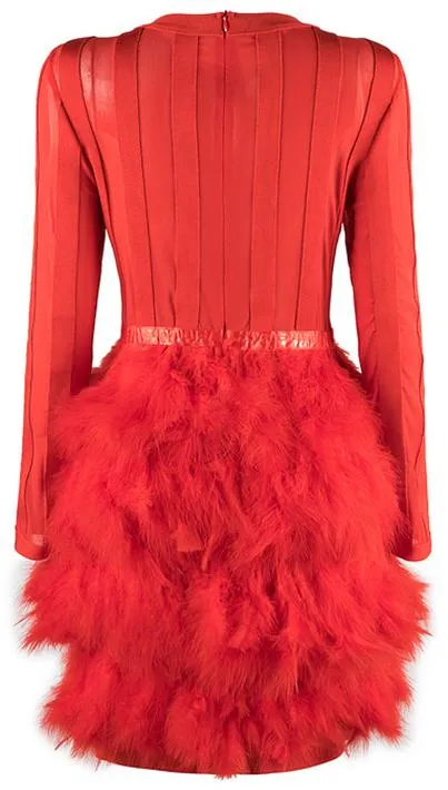 Feather-Tiered Mesh-Paneled Mini Cocktail Dress, Red