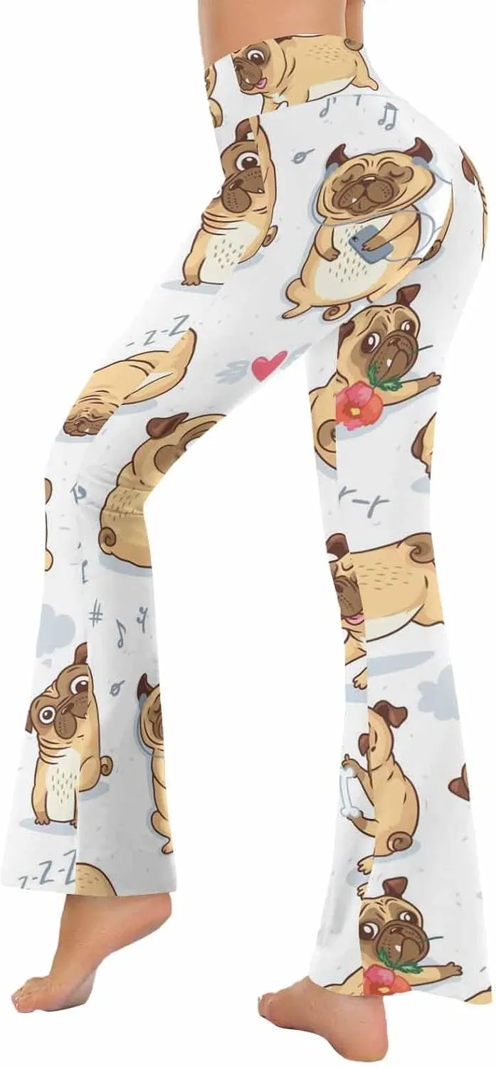 Flair Leggings Cute and Funny Cartoon Pug Pupies Crossover High Waisted Bootcut Yoga Leggings-Flare Workout Gym Leggings