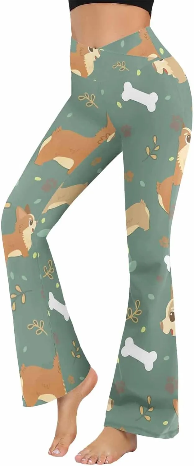 Flair Leggings Cute and Funny Cartoon Pug Pupies Crossover High Waisted Bootcut Yoga Leggings-Flare Workout Gym Leggings