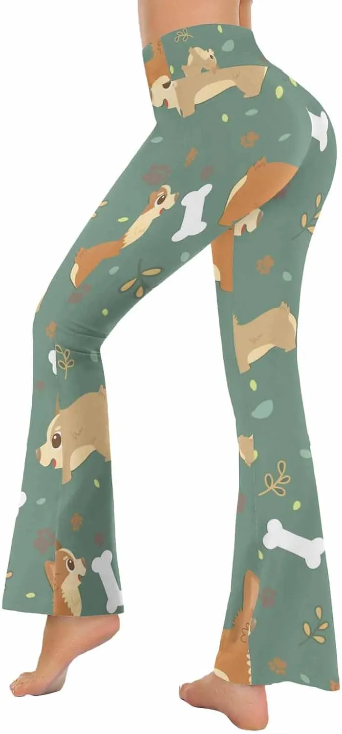 Flair Leggings Cute and Funny Cartoon Pug Pupies Crossover High Waisted Bootcut Yoga Leggings-Flare Workout Gym Leggings