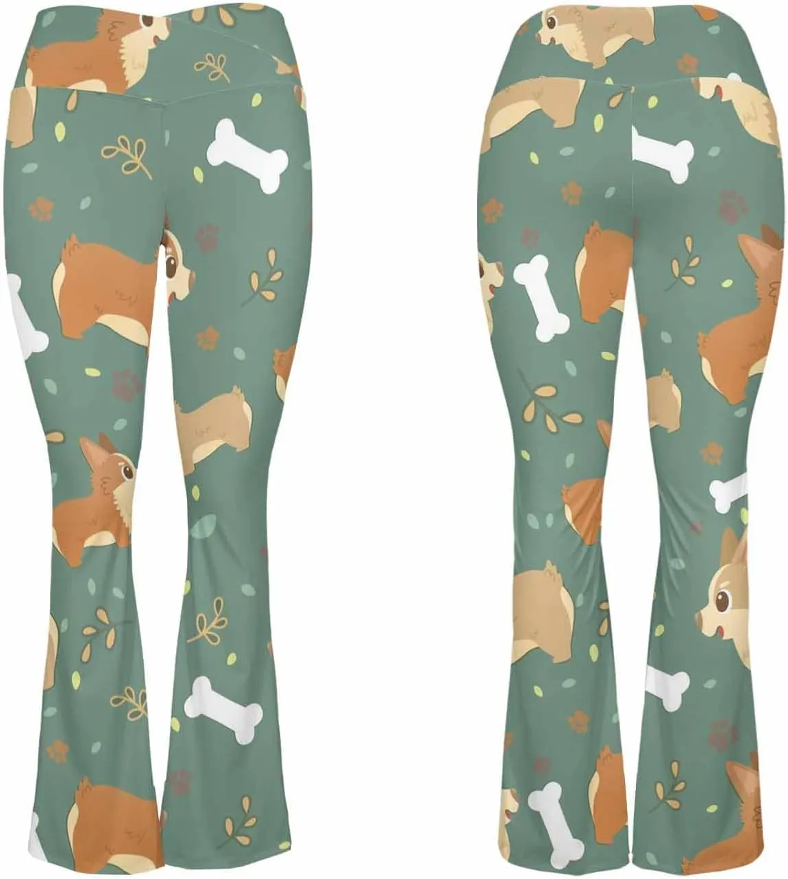 Flair Leggings Cute and Funny Cartoon Pug Pupies Crossover High Waisted Bootcut Yoga Leggings-Flare Workout Gym Leggings