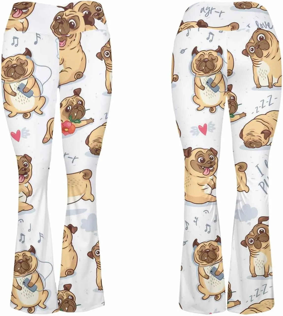 Flair Leggings Cute and Funny Cartoon Pug Pupies Crossover High Waisted Bootcut Yoga Leggings-Flare Workout Gym Leggings
