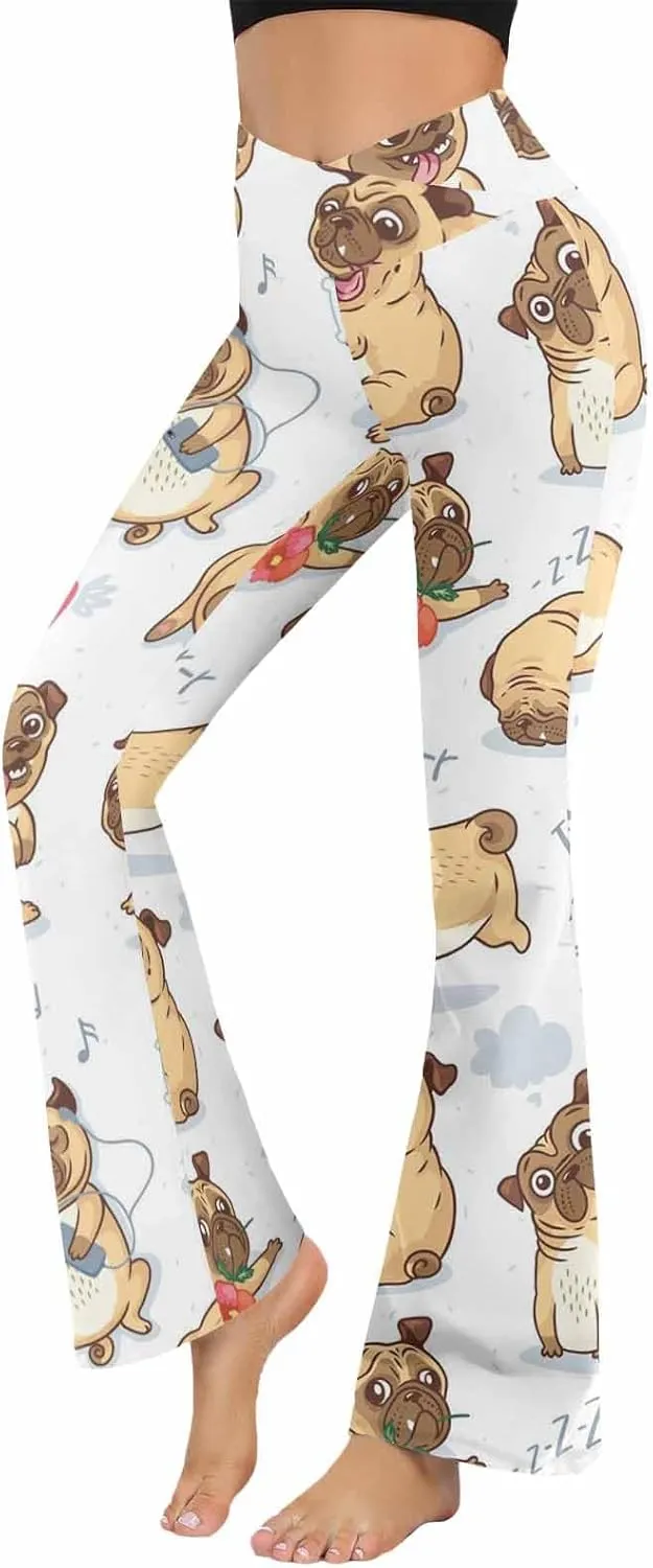 Flair Leggings Cute and Funny Cartoon Pug Pupies Crossover High Waisted Bootcut Yoga Leggings-Flare Workout Gym Leggings