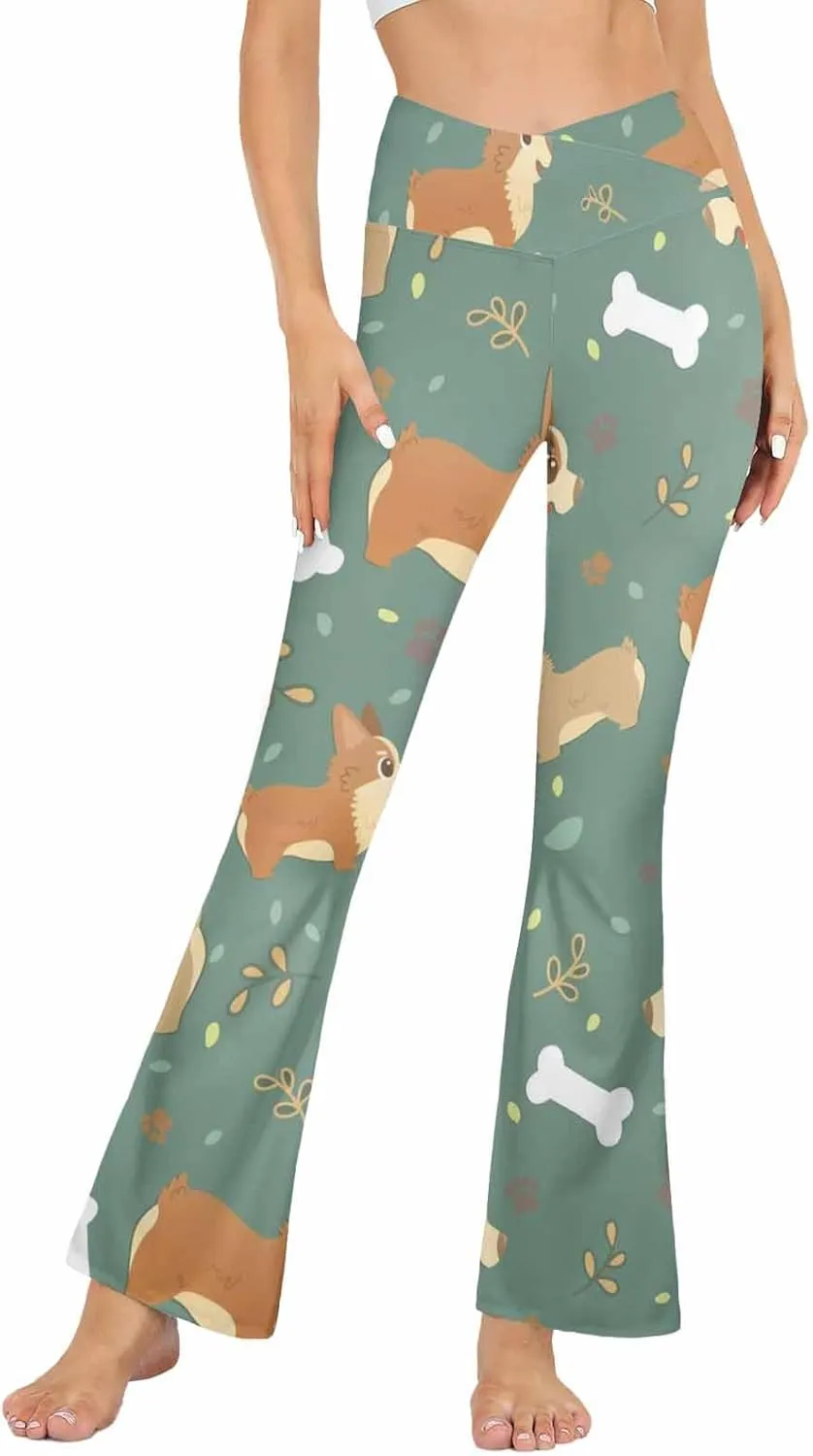 Flair Leggings Cute and Funny Cartoon Pug Pupies Crossover High Waisted Bootcut Yoga Leggings-Flare Workout Gym Leggings