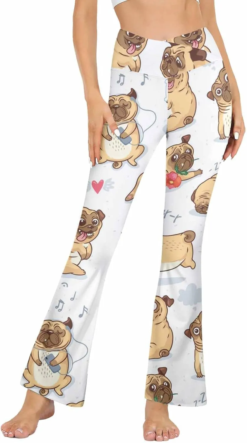 Flair Leggings Cute and Funny Cartoon Pug Pupies Crossover High Waisted Bootcut Yoga Leggings-Flare Workout Gym Leggings