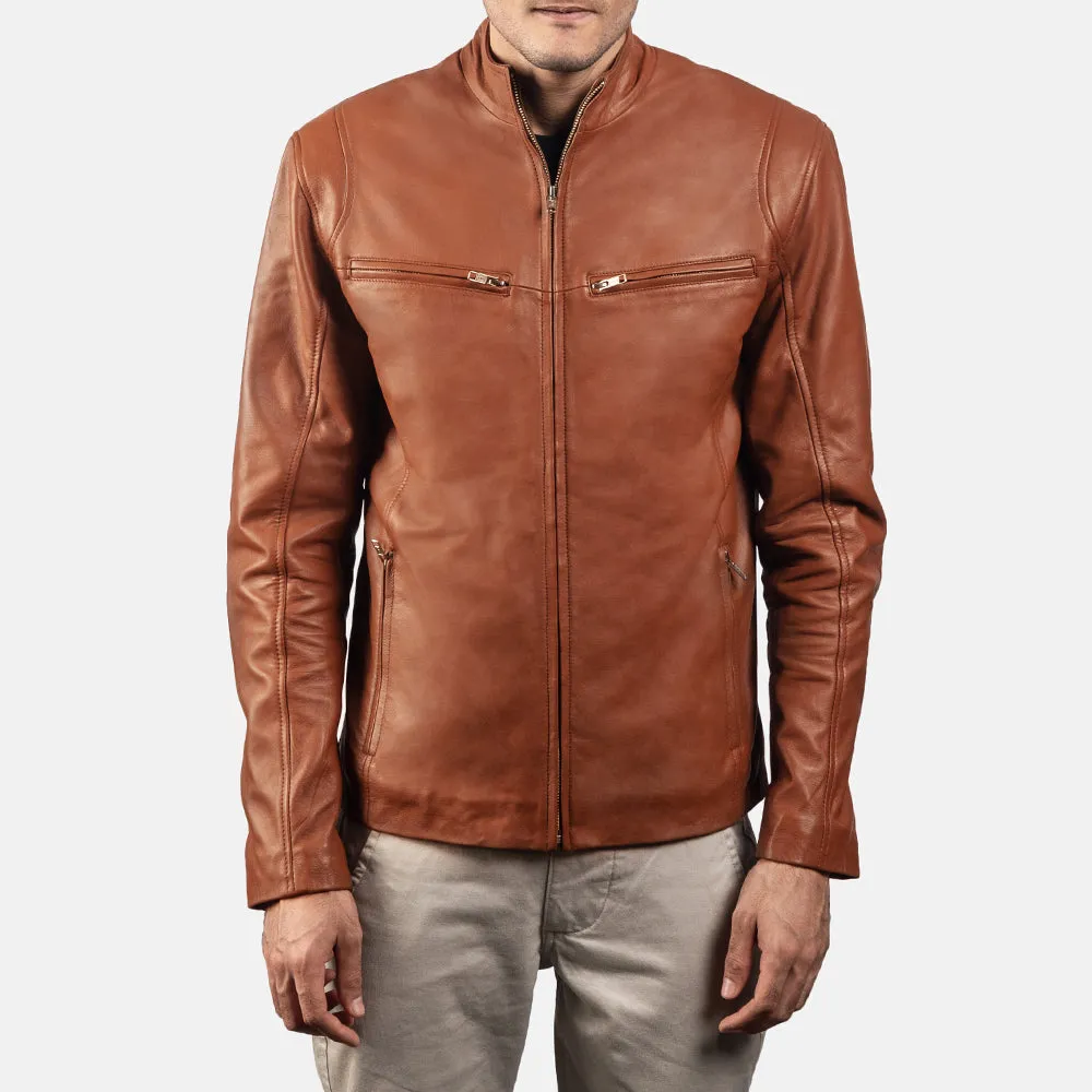 Ionic Brown Leather Biker Jacket Up to 5XL