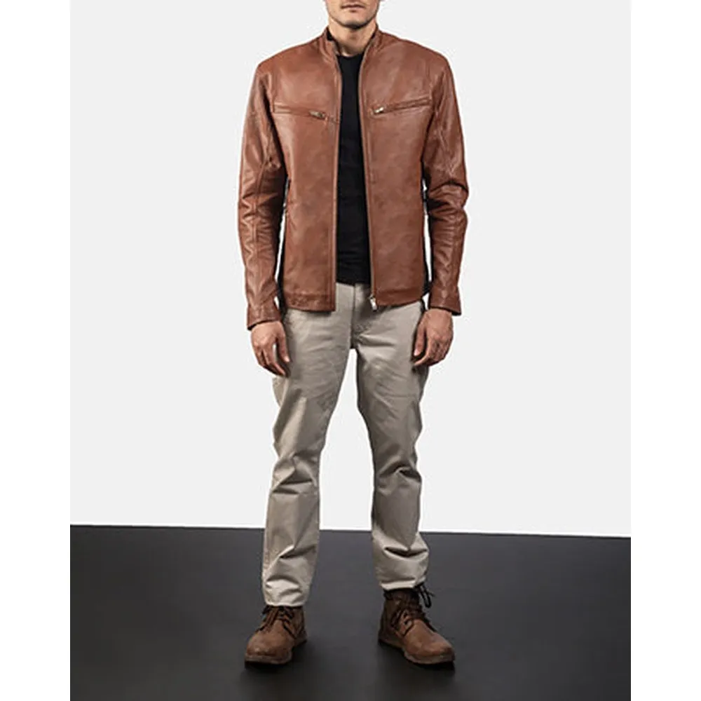 Ionic Brown Leather Biker Jacket Up to 5XL