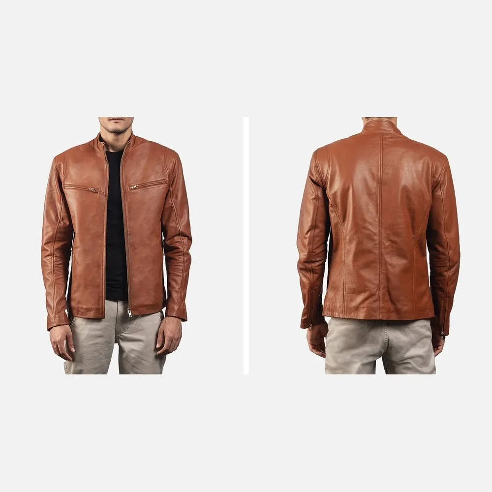 Ionic Brown Leather Biker Jacket Up to 5XL