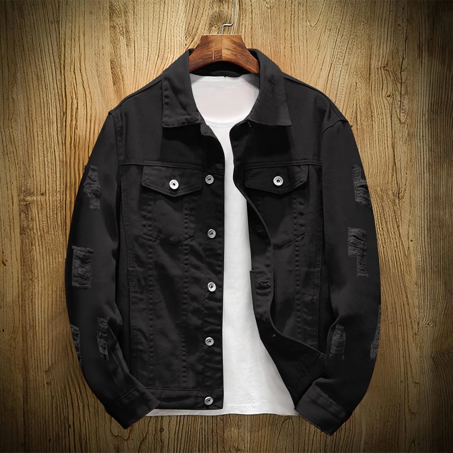 Jean Jacket Men Slim Fit Ripped Denim Jacket Casual Long Sleeve Fashion Snap Button Lightweight Trucker Jackets Coats