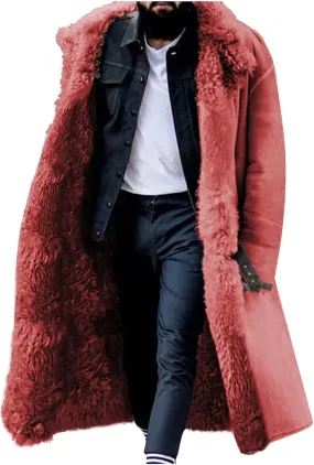 Men Faux Pu Leather Long Jackets Sherpa Fleece Lined Trench Coat Heavyweight Big and Tall Warm Outwear Coat