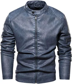 Men's Black Faux Leather Jacket Waterproof Windbreaker Coat Slim Fit Motorcycle Biker Jacket with Stand Collar