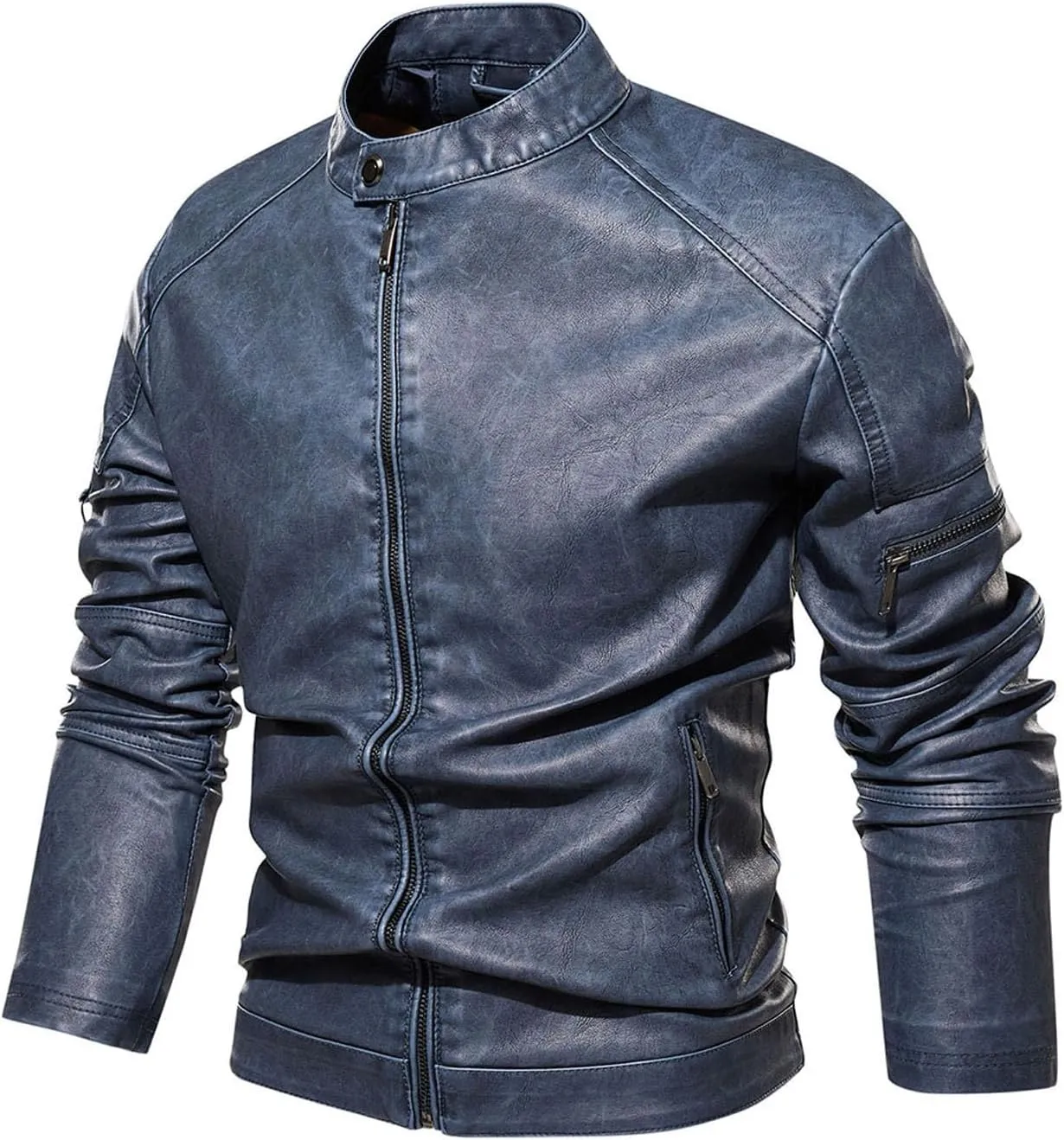 Men's Black Faux Leather Jacket Waterproof Windbreaker Coat Slim Fit Motorcycle Biker Jacket with Stand Collar