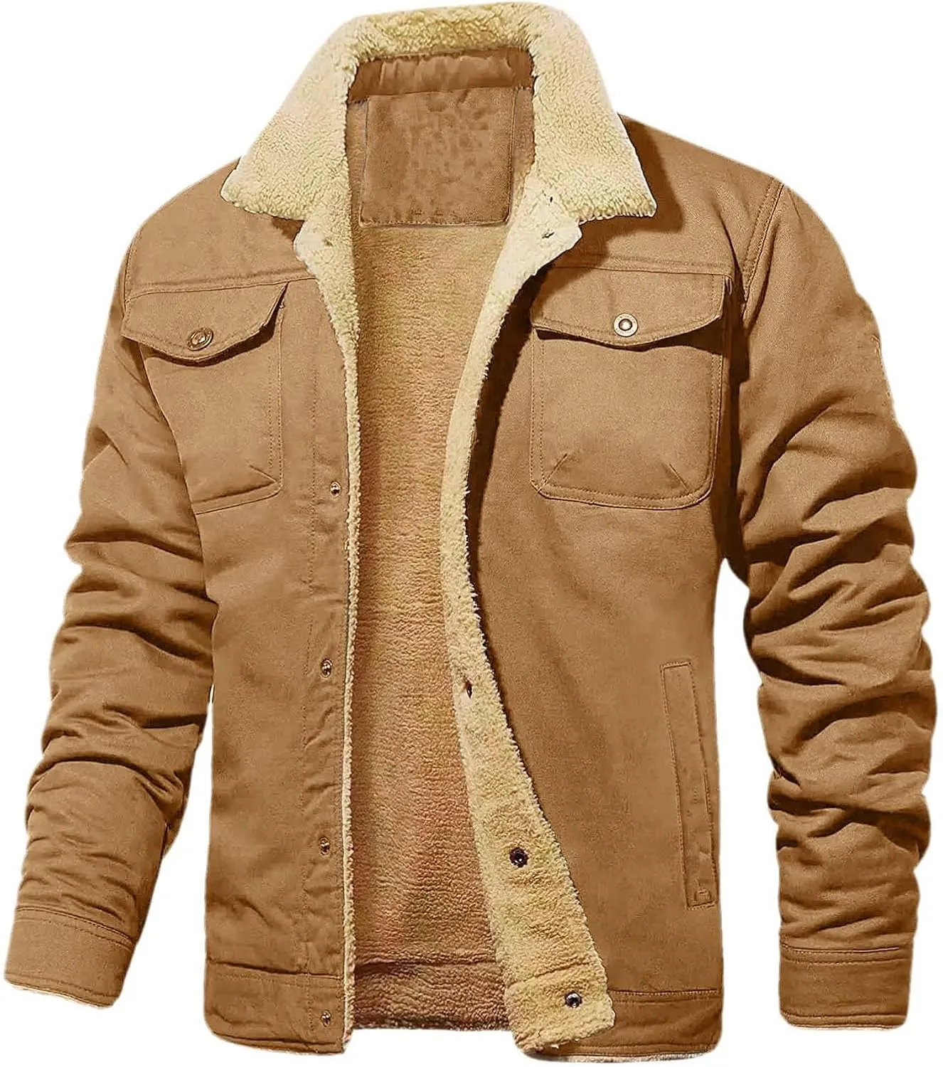 Mens Cargo Jacket Warm Winter Sherpa Lined Fleece Coat Casual Button Down Jacket Military Trucker Work Jacket for Men