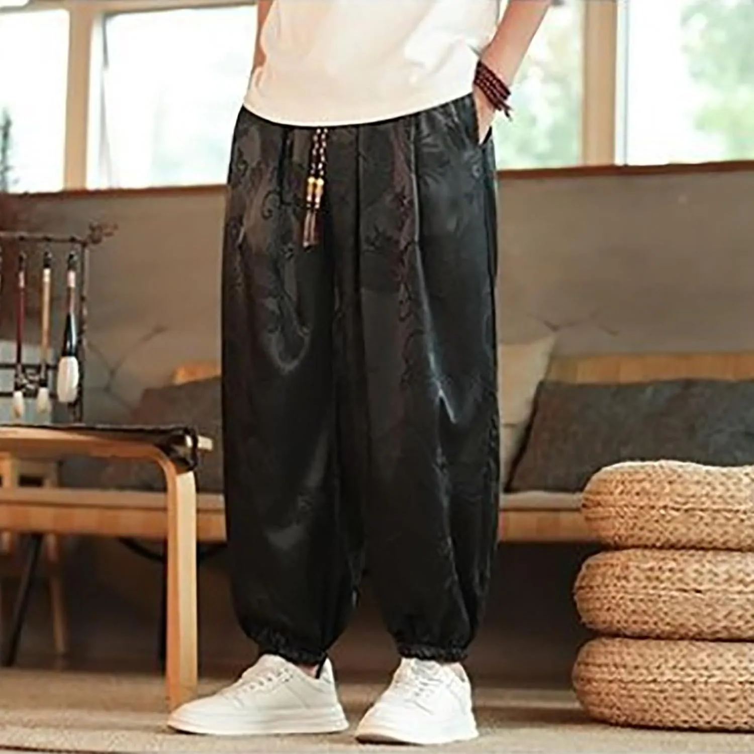 Mens Casual Palazzo Harem Pants Vintage Printed Elastic Waist Drawstring Cinched Bottom Yoga Pants Loose Yoga Trouser