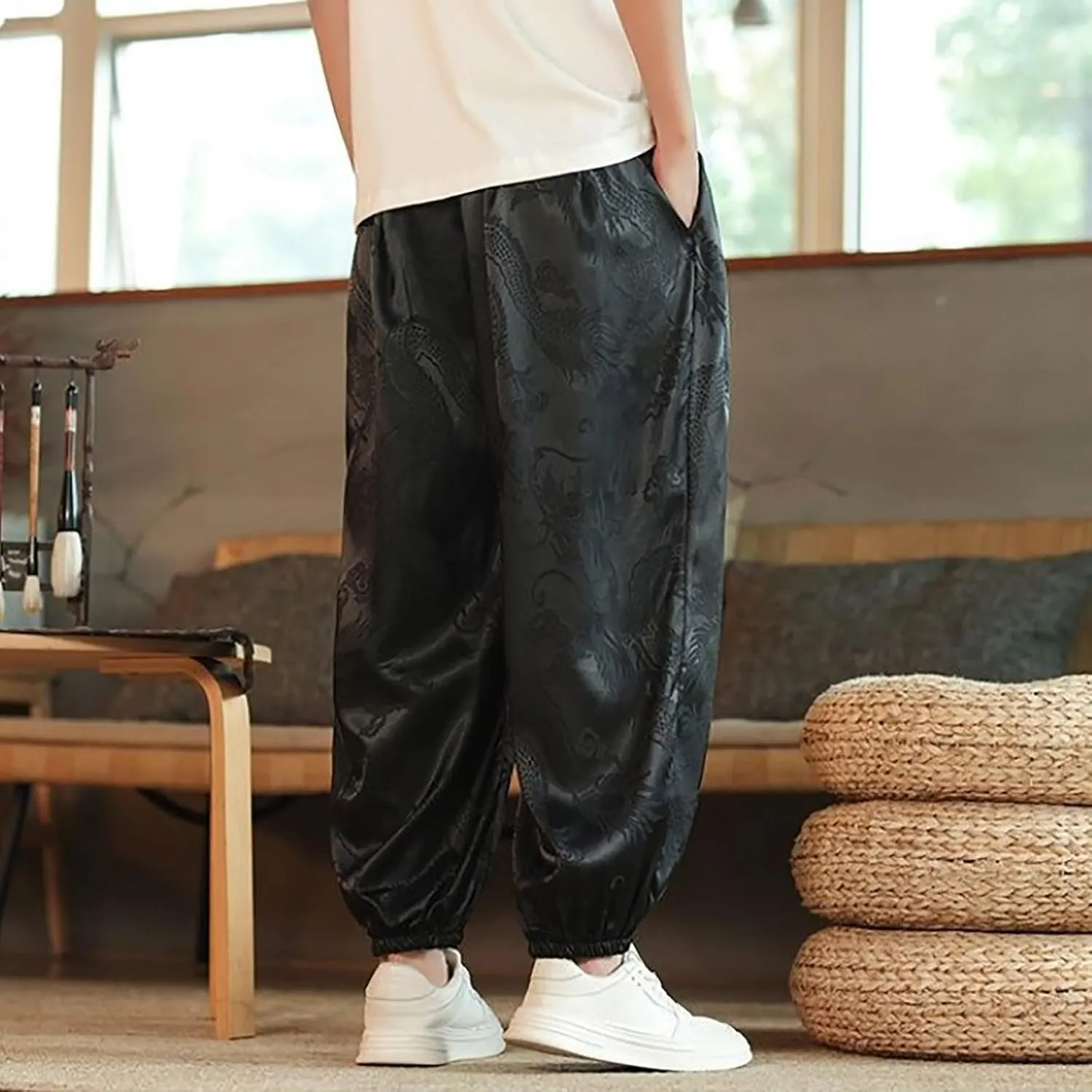 Mens Casual Palazzo Harem Pants Vintage Printed Elastic Waist Drawstring Cinched Bottom Yoga Pants Loose Yoga Trouser