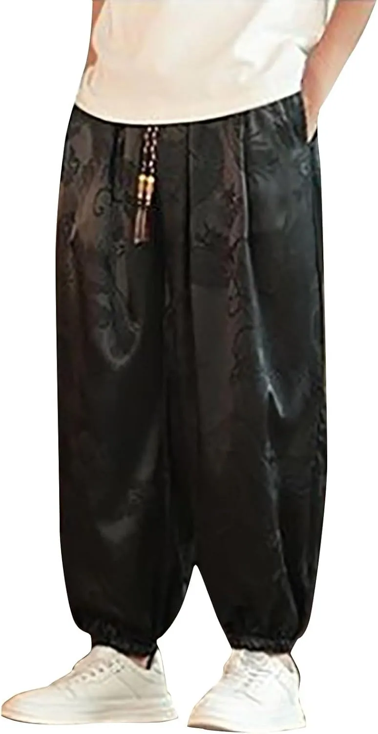 Mens Casual Palazzo Harem Pants Vintage Printed Elastic Waist Drawstring Cinched Bottom Yoga Pants Loose Yoga Trouser