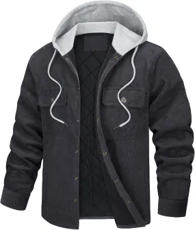 Mens Corduroy Jacket with Quilted Lining Fleece Padding Hooded Cotton Coat Casual Button Down with Pockets
