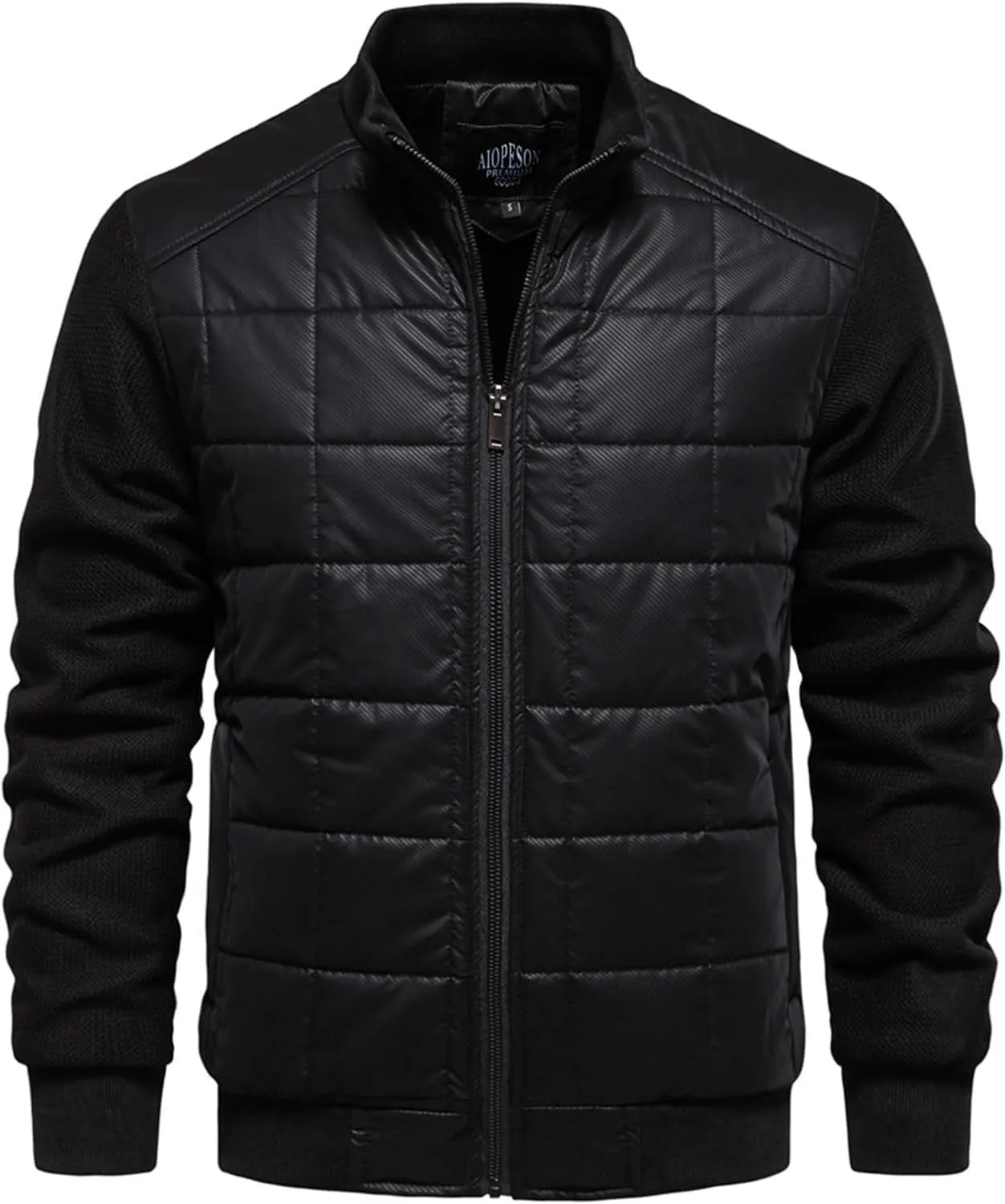 Men's Diamond Quilted Bomber Jacket Thick Fleece-Lined Varsity Coat Stand Collar Design