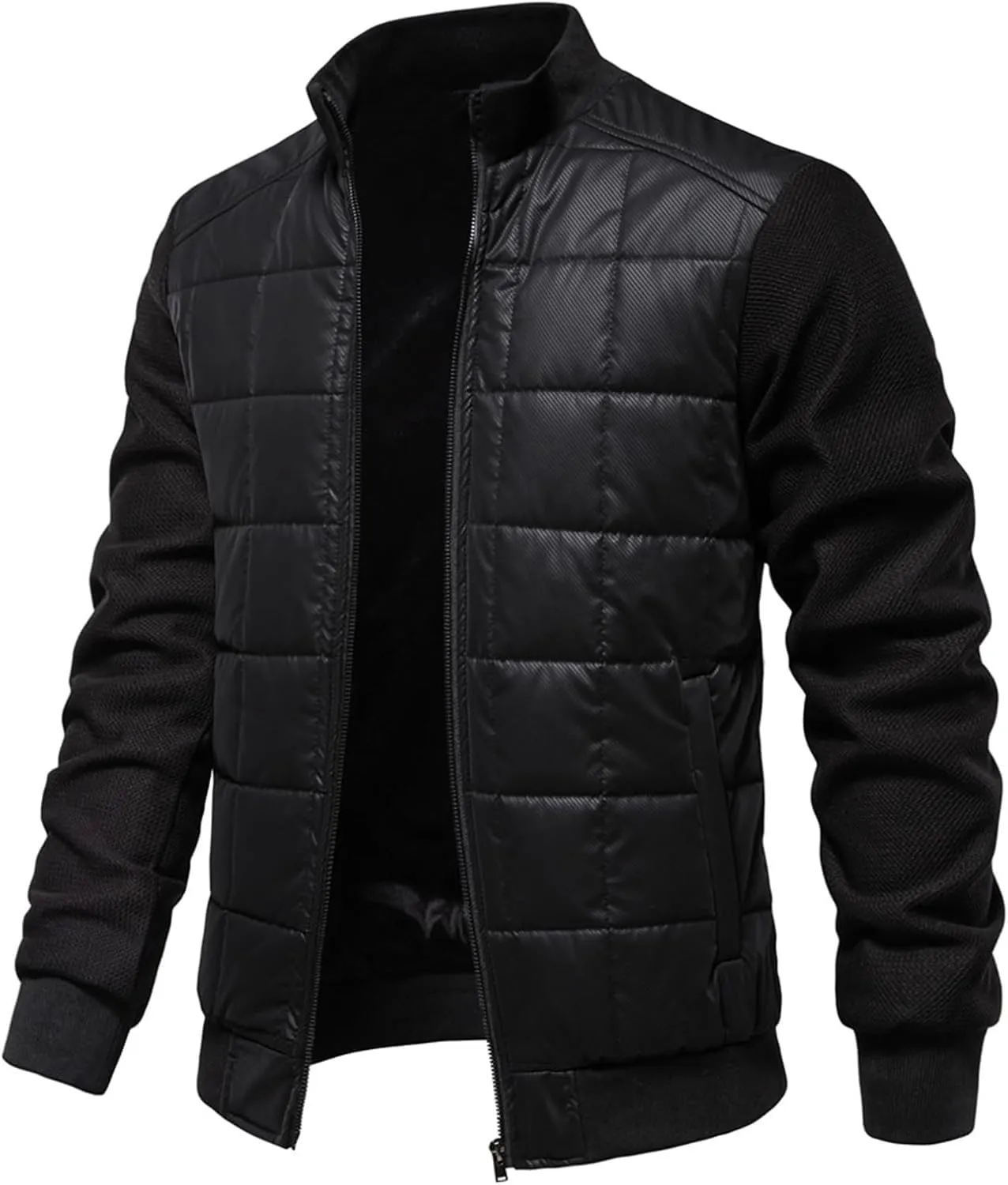 Men's Diamond Quilted Bomber Jacket Thick Fleece-Lined Varsity Coat Stand Collar Design