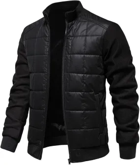 Men's Diamond Quilted Bomber Jacket Thick Fleece-Lined Varsity Coat Stand Collar Design