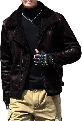 Men's Faux Leather Bomber Jacket Fleece Lined Motorcycle Jacket Waterproof Windproof Suede Moto Vintage Jackets Men