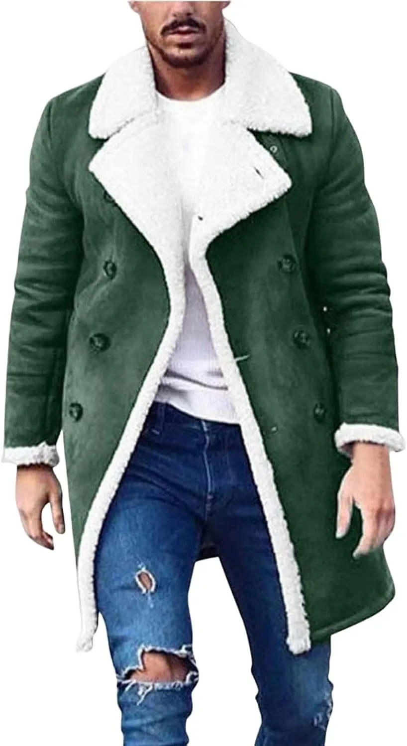 Mens Faux Suede Sherpa Fleece Lined Jackets Fur Collar Long Trench Coat Heavyweight Big and Tall Outwear Coat