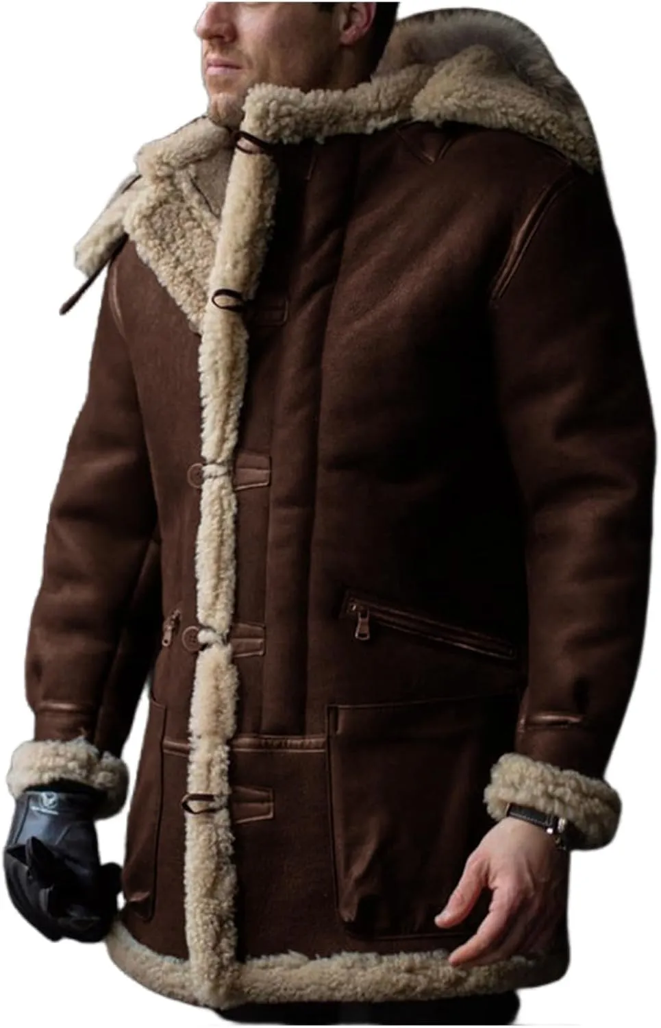 Men's Long Restore Faux Fur Jacket Sherpa Fleece Lined Thickened Jacket Casual Coat with Pocket Fall Winter