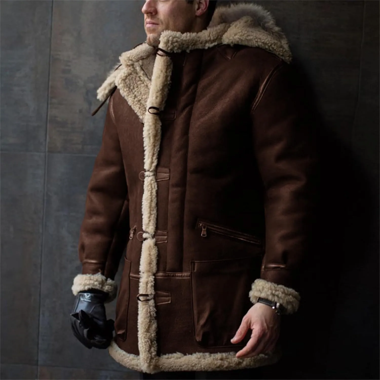 Men's Long Restore Faux Fur Jacket Sherpa Fleece Lined Thickened Jacket Casual Coat with Pocket Fall Winter