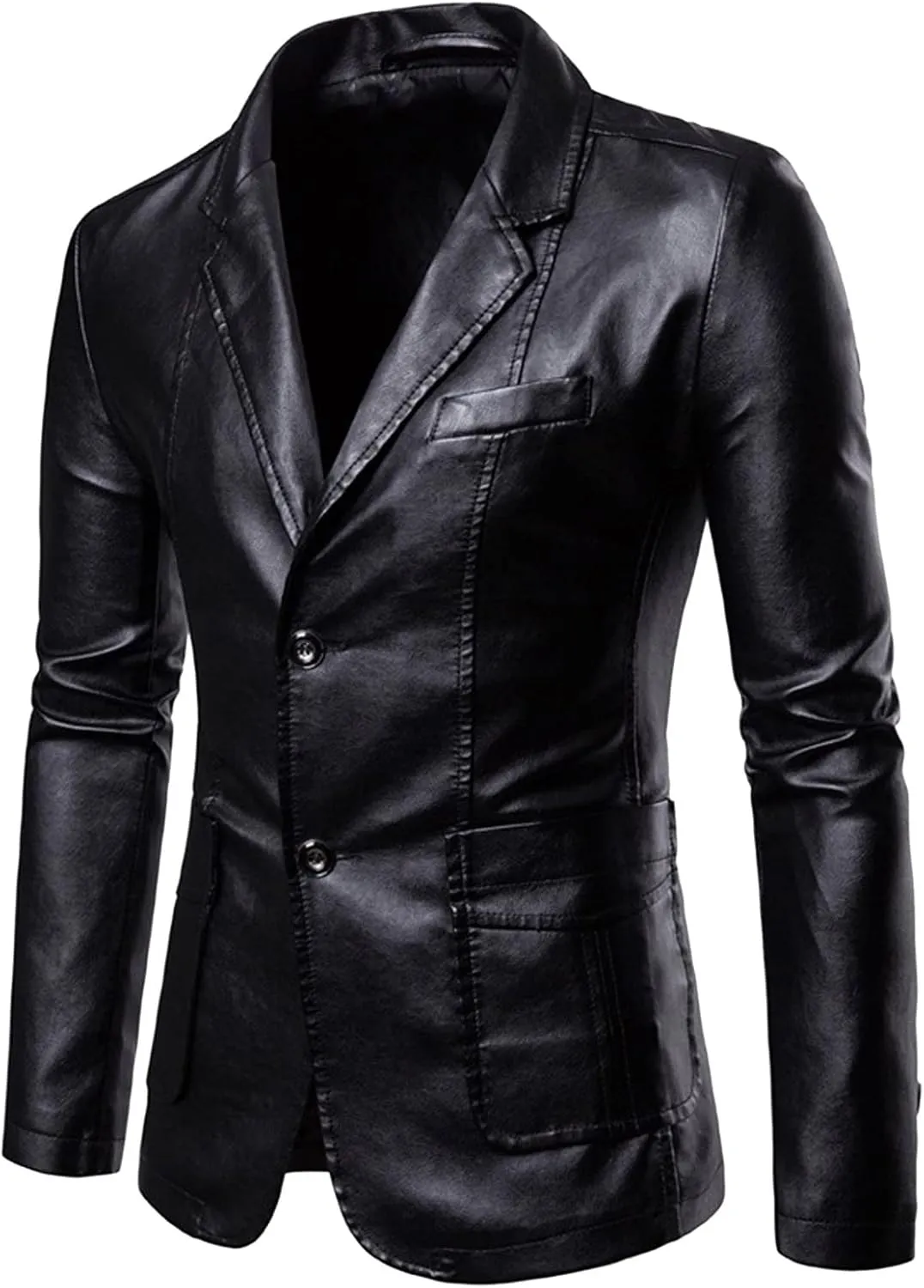 Mens PU Leather Blazer Lapel Collar 2 Buttons Moto Faux Lambskin Sport Coat Jacket Business Casual Dress Suit Coat