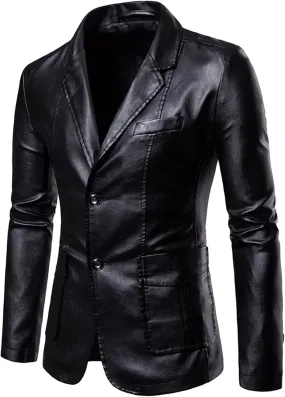 Mens PU Leather Blazer Lapel Collar 2 Buttons Moto Faux Lambskin Sport Coat Jacket Business Casual Dress Suit Coat