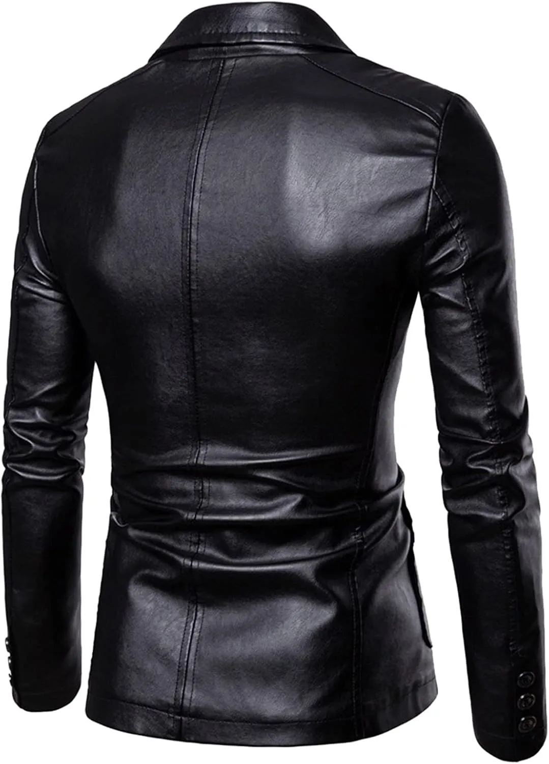 Mens PU Leather Blazer Lapel Collar 2 Buttons Moto Faux Lambskin Sport Coat Jacket Business Casual Dress Suit Coat