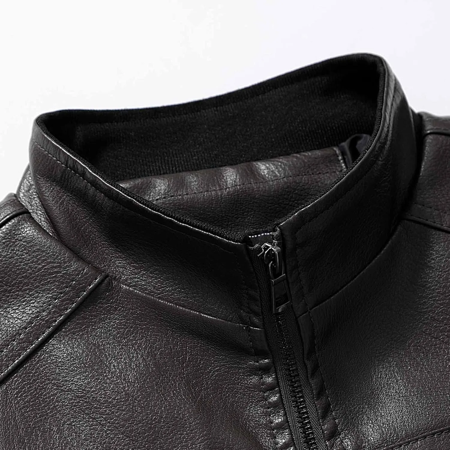 Men's Vintage Stand Collar Motorcycle Biker Jacket Casual Zip Up Moto Crop Slim Fit Winter PU Leather Jackets Coat