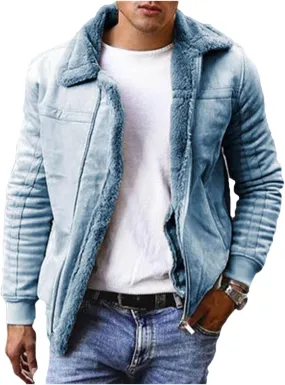 Men's Winter Sherpa Fleece Lined Jacket Faux Suede Leather Lapel Zip Up Thickened Coat Outwear with Pockets