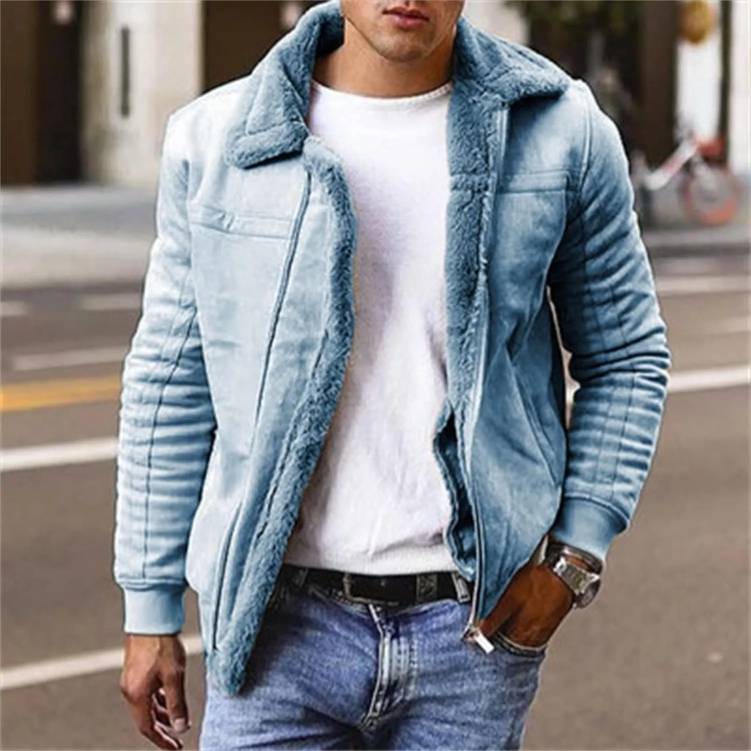 Men's Winter Sherpa Fleece Lined Jacket Faux Suede Leather Lapel Zip Up Thickened Coat Outwear with Pockets