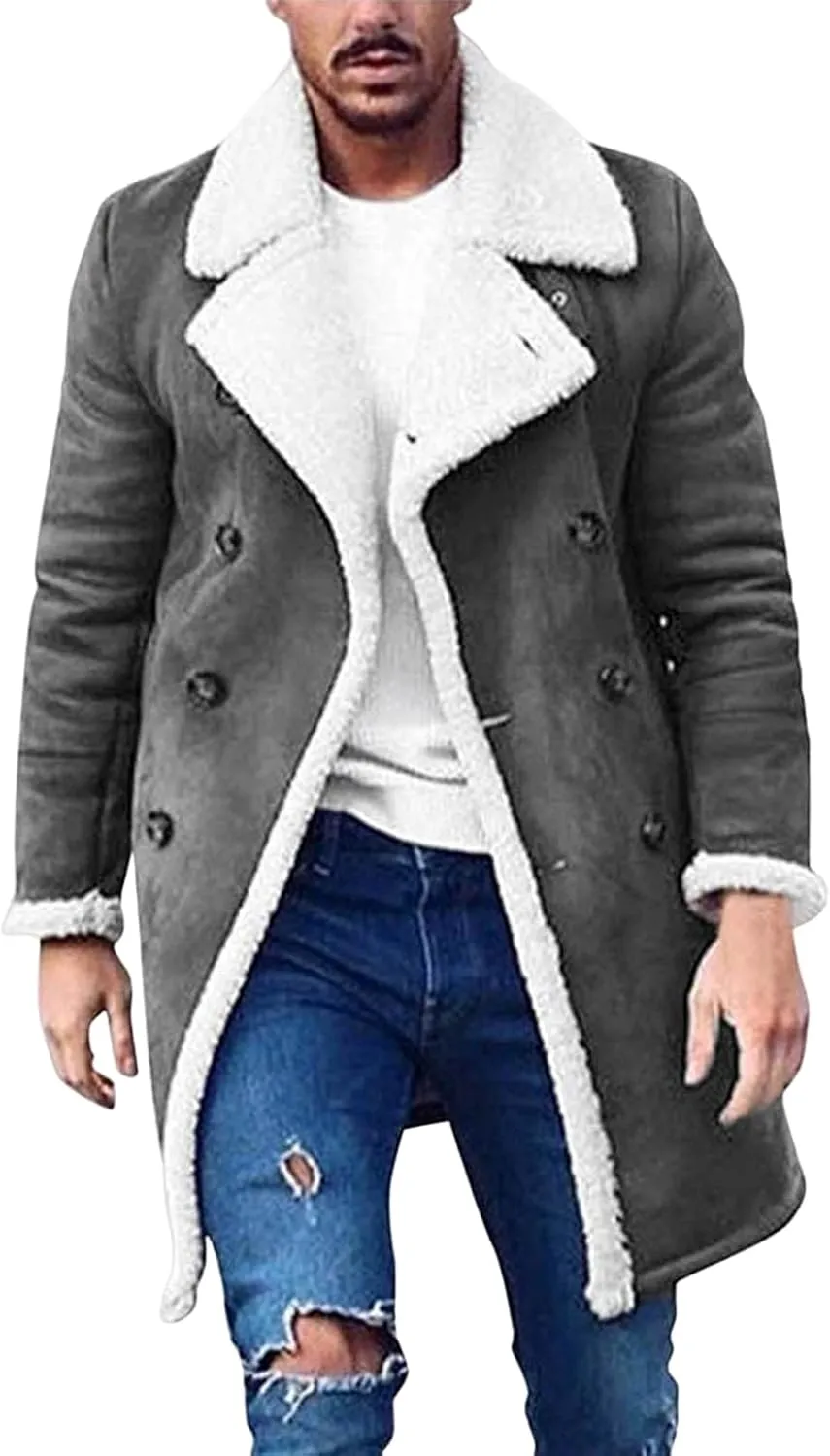 Men's Winter Sherpa Fleece Lined Jackets Faux Lapel Button Down Trench Coat Big and Tall Overcoat with Pockets