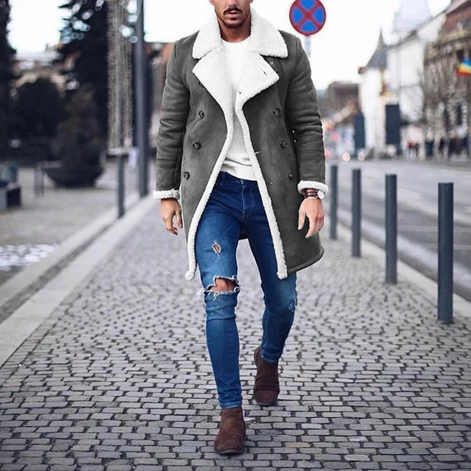 Men's Winter Sherpa Fleece Lined Jackets Faux Lapel Button Down Trench Coat Big and Tall Overcoat with Pockets