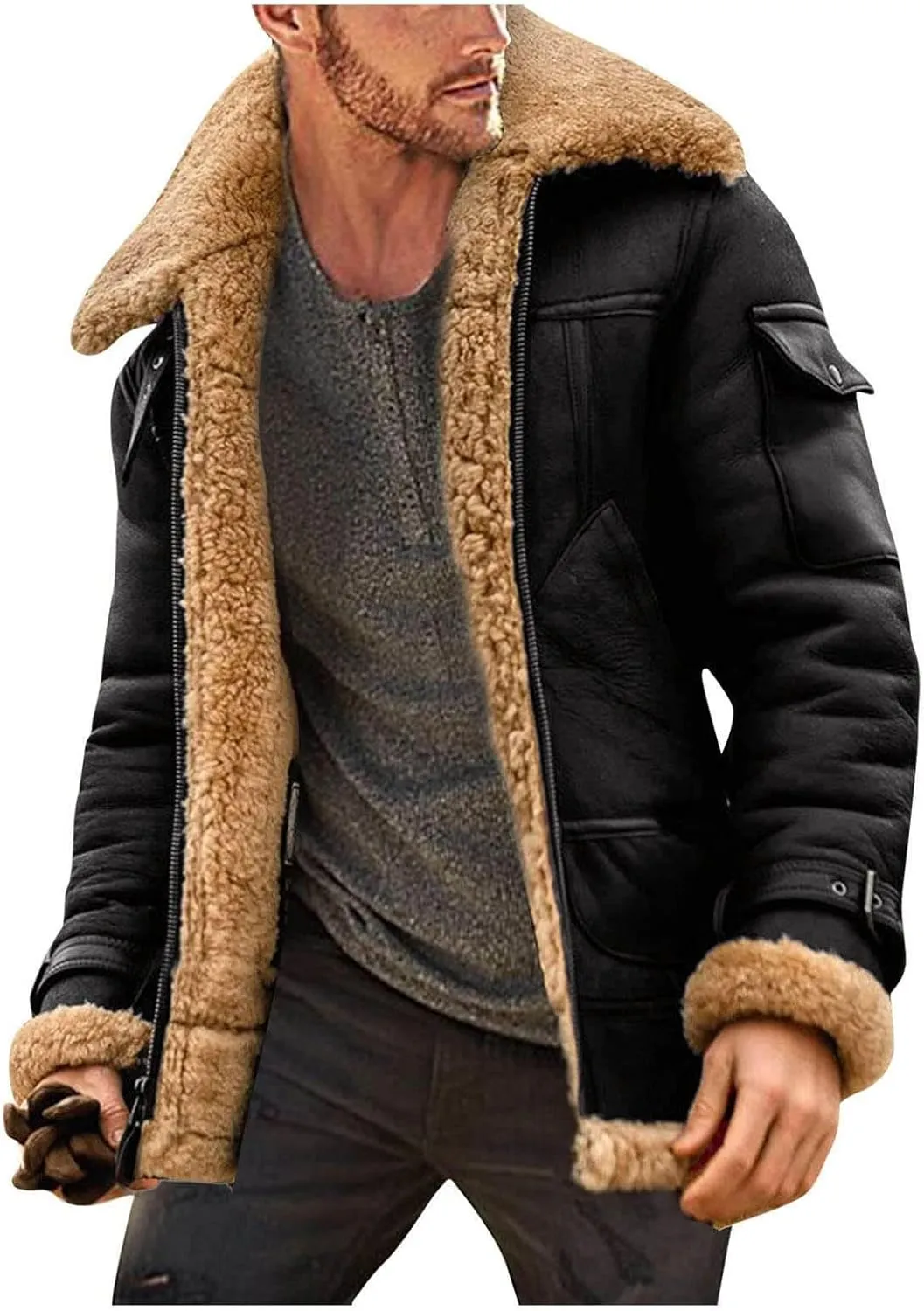 Men's Winter Suede Sherpa Shearling Faux Fur Leather Coat Fleece Lined Lapel Zip Up Padded Coat with Pocket