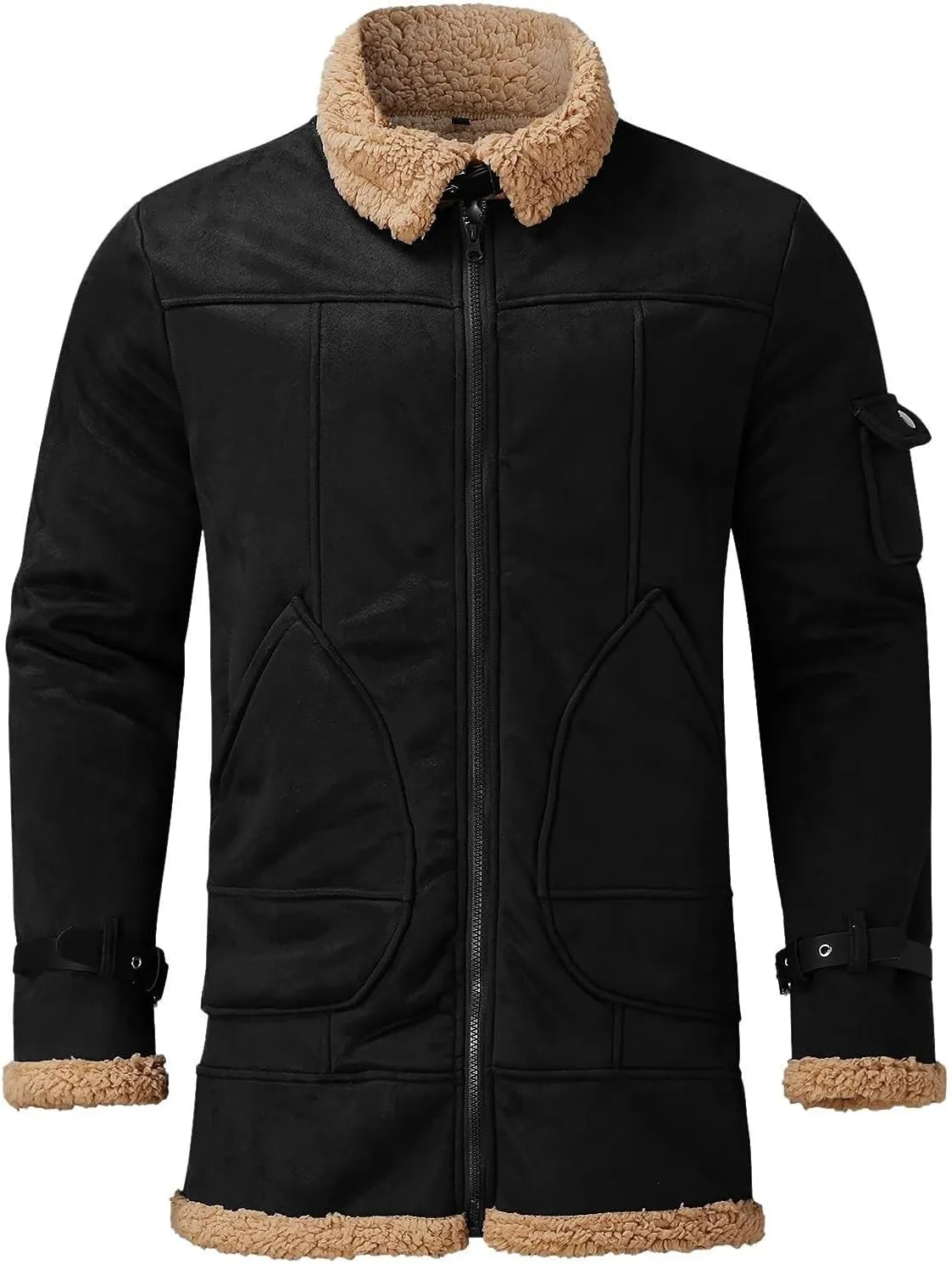 Men's Winter Suede Sherpa Shearling Faux Fur Leather Coat Fleece Lined Lapel Zip Up Padded Coat with Pocket