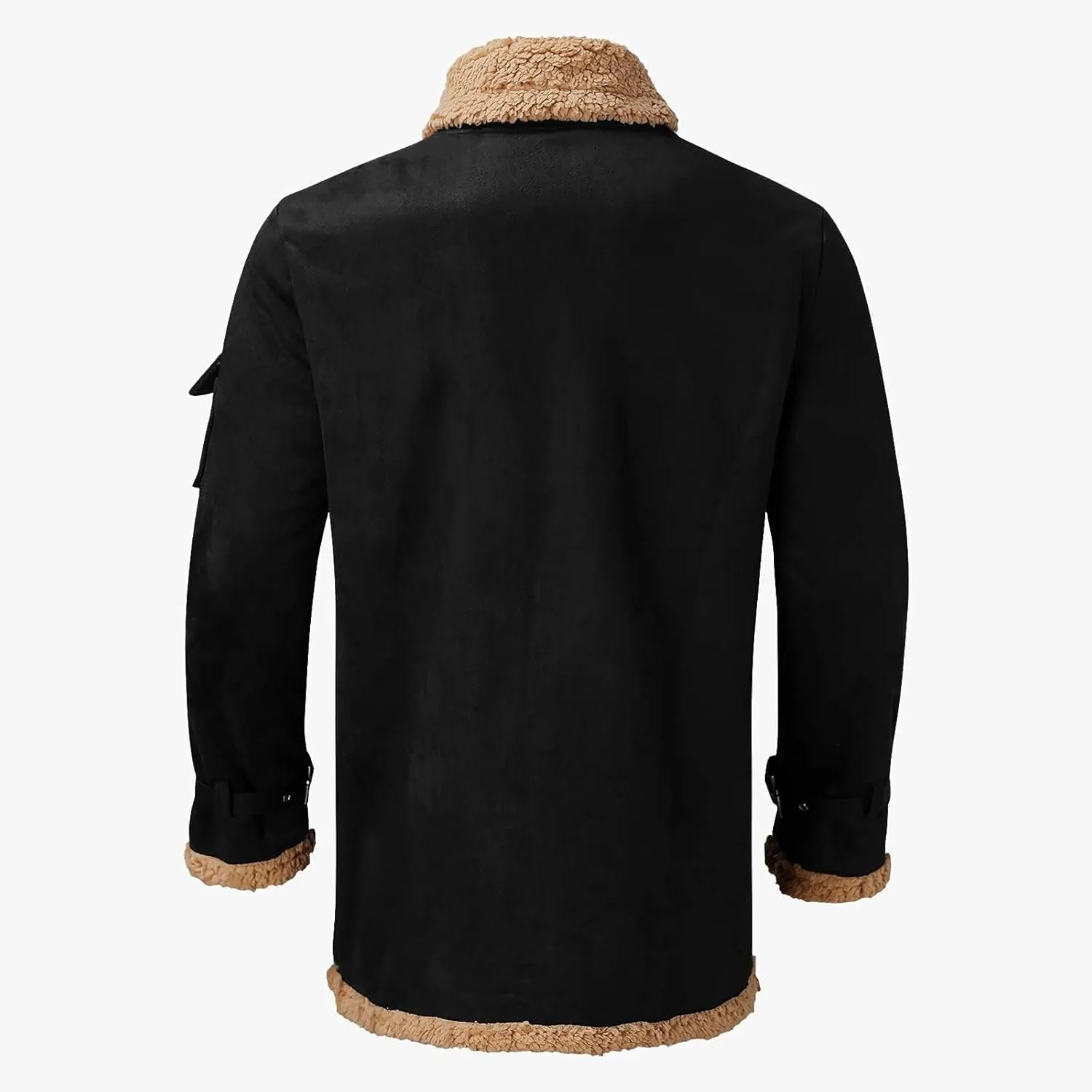 Men's Winter Suede Sherpa Shearling Faux Fur Leather Coat Fleece Lined Lapel Zip Up Padded Coat with Pocket