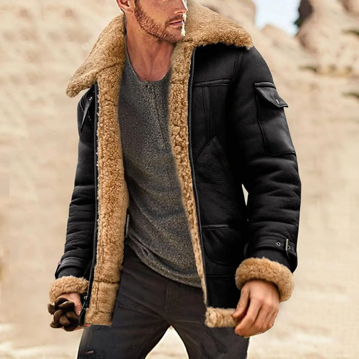 Men's Winter Suede Sherpa Shearling Faux Fur Leather Coat Fleece Lined Lapel Zip Up Padded Coat with Pocket
